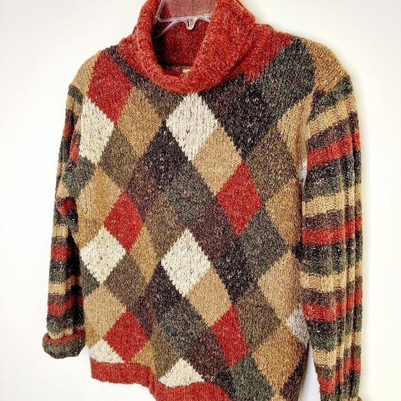 B. MOSS Argyle Tweed Striped Wool Blend Chunky Turtleneck Sweater Medium Y2K EUC - Picture 8 of 11
